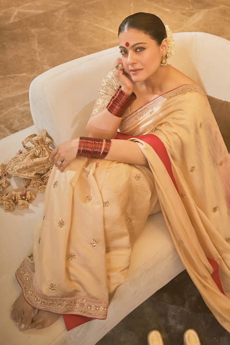 Buy_Punit Balana_Beige Chanderi Silk, Organza Sequins, Embroidery Marodi Gota Saree With Blouse _Online_at_Aza_Fashions