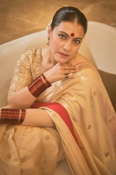 Punit Balana_Beige Chanderi Silk, Organza Sequins, Embroidery Marodi Gota Saree With Blouse _at_Aza_Fashions