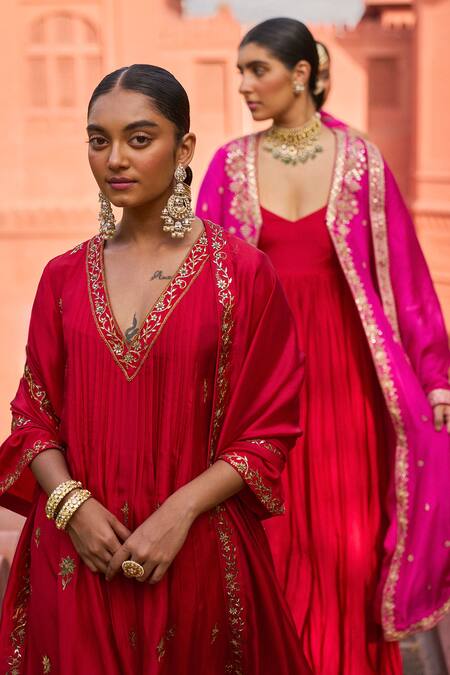 Punit Balana_Red Silk, Organza Embroidery V-neck Alia Patra Kurta Pant Set _Online_at_Aza_Fashions