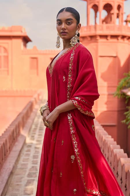 Buy_Punit Balana_Red Silk, Organza Embroidery V-neck Alia Patra Kurta Pant Set _Online_at_Aza_Fashions