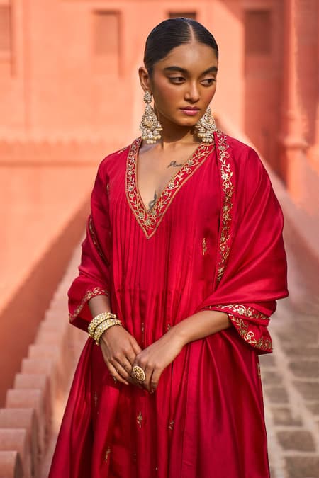 Shop_Punit Balana_Red Silk, Organza Embroidery V-neck Alia Patra Kurta Pant Set _Online_at_Aza_Fashions