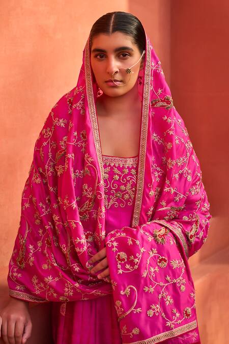 Punit Balana_Pink Organza, Brocade Tassels Round Neck Placement Marodi Work Anarkali Set _Online_at_Aza_Fashions