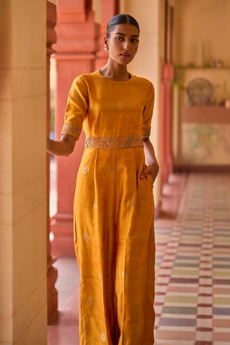 Punit Balana_Yellow Silk Embroidery, Zari Round Neck Kasundi Banarasi Woven Jumpsuit _Online_at_Aza_Fashions