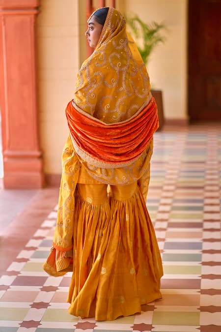 Shop Punit Balana Yellow Silk, Organza, Brocade Embroidery, Gota Mughal Marodi Kurta Gharara Set at Aza Fashions Shop_Punit Balana_Yellow Silk, Organza, Brocade Embroidery, Gota Mughal Marodi Kurta Gharara Set _at_Aza_Fashions