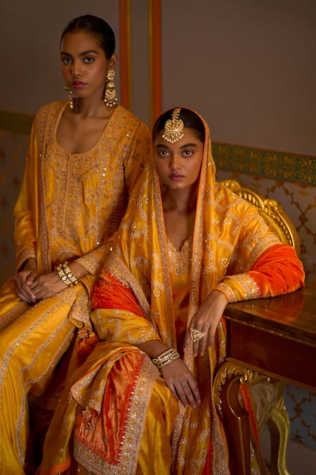 Shop Punit Balana Yellow Silk, Organza, Brocade Embroidery, Gota Mughal Marodi Kurta Gharara Set Online at Aza Fashions Shop_Punit Balana_Yellow Silk, Organza, Brocade Embroidery, Gota Mughal Marodi Kurta Gharara Set _Online_at_Aza_Fashions