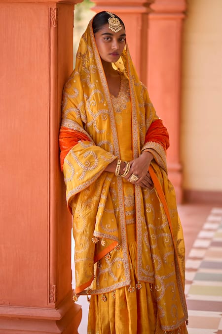 Shop Punit Balana Yellow Silk, Organza, Brocade Embroidery, Gota Mughal Marodi Kurta Gharara Set Shop_Punit Balana_Yellow Silk, Organza, Brocade Embroidery, Gota Mughal Marodi Kurta Gharara Set