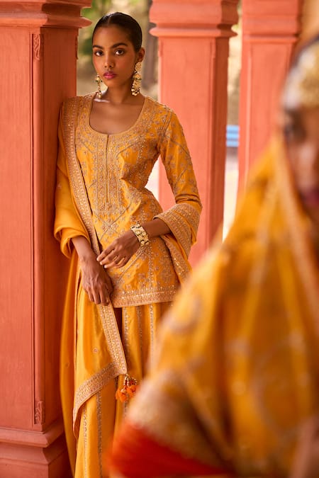 Punit Balana_Yellow Silk, Organza Embroidery Round Neck Jodha Kurta Sharara Set _Online_at_Aza_Fashions