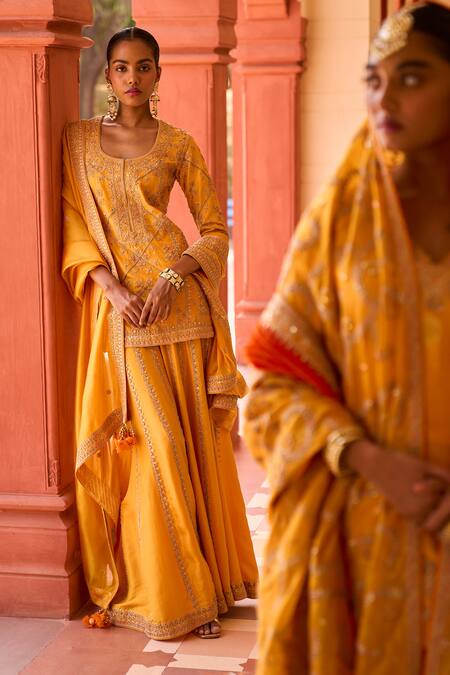 Buy_Punit Balana_Yellow Silk, Organza Embroidery Round Neck Jodha Kurta Sharara Set _Online_at_Aza_Fashions