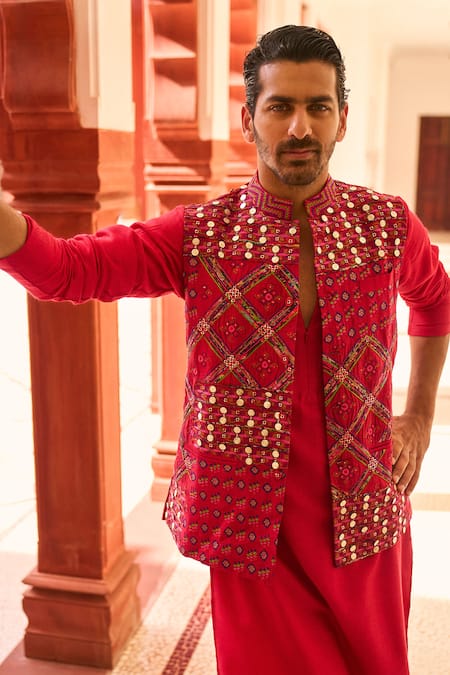 Punit Balana_Red Silk Embroidery Thread And Coin Bundi Kurta Set _Online_at_Aza_Fashions