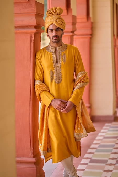 Shop Punit Balana Yellow Tussar, Velvet, Cotton Embroidery Marodi Dabka Work Kurta Churidar Set at Aza Fashions Shop_Punit Balana_Yellow Tussar, Velvet, Cotton Embroidery Marodi Dabka Work Kurta Churidar Set _at_Aza_Fashions