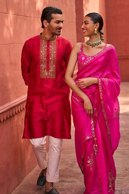 Punit Balana_Red Cotton, Tussar Patchwork Applique Patra Work Kurta Pant Set _Online_at_Aza_Fashions
