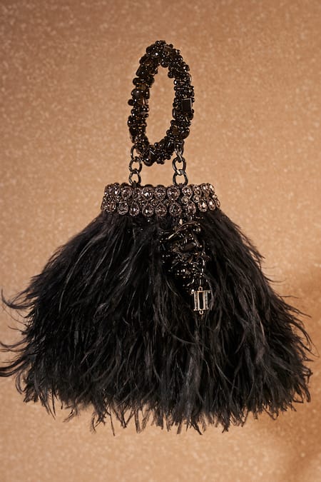 Tarun Tahiliani Black Ring Jeweled Feather Handcrafted Bracelet Bag 