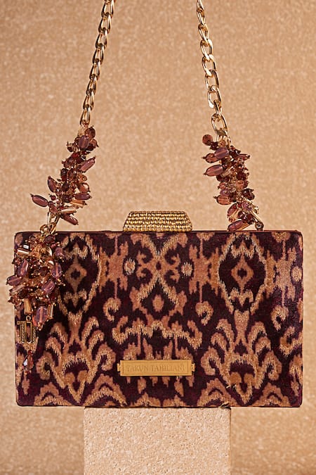 Tarun Tahiliani Wine Iron On Studs Ikat Pattern Bag With Sling 