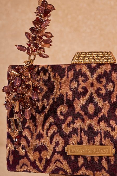 Shop Tarun Tahiliani Wine Beads, Studs Ikat Pattern Bag With Sling at Aza Fashions Shop_Tarun Tahiliani_Wine Beads, Studs Ikat Pattern Bag With Sling_at_Aza_Fashions