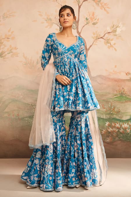 Lashkaraa Blue Georgette Printed Floral V Neck Pattern Top Gharara Set 