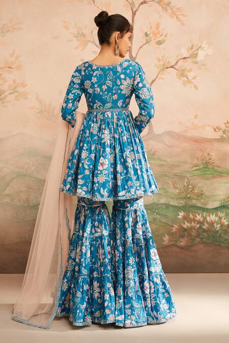 Shop Lashkaraa Blue Georgette Embroidery V-neck Floral Hand Gharara Set at Aza Fashions Shop_Lashkaraa_Blue Georgette Embroidery V-neck Floral Hand Gharara Set_at_Aza_Fashions