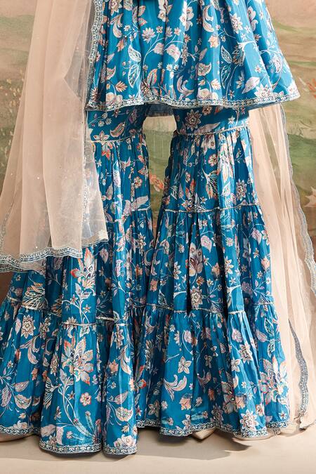 Lashkaraa Blue Georgette Embroidery V-neck Floral Hand Gharara Set Online at Aza Fashions Lashkaraa_Blue Georgette Embroidery V-neck Floral Hand Gharara Set_Online_at_Aza_Fashions