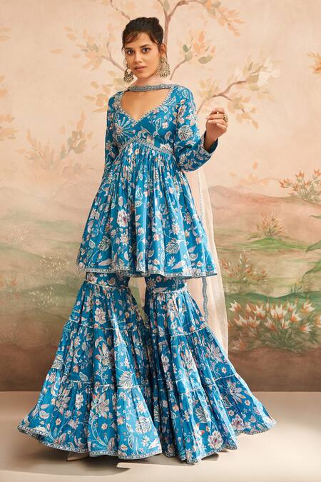 Buy Lashkaraa Blue Georgette Embroidery V-neck Floral Hand Gharara Set Online at Aza Fashions Buy_Lashkaraa_Blue Georgette Embroidery V-neck Floral Hand Gharara Set_Online_at_Aza_Fashions