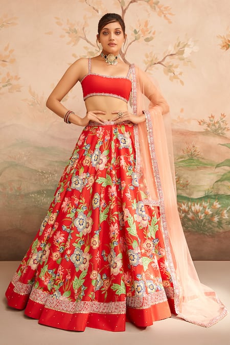 LASHKARAA Red Silk Printed Floral Square Neck Lehenga Set 