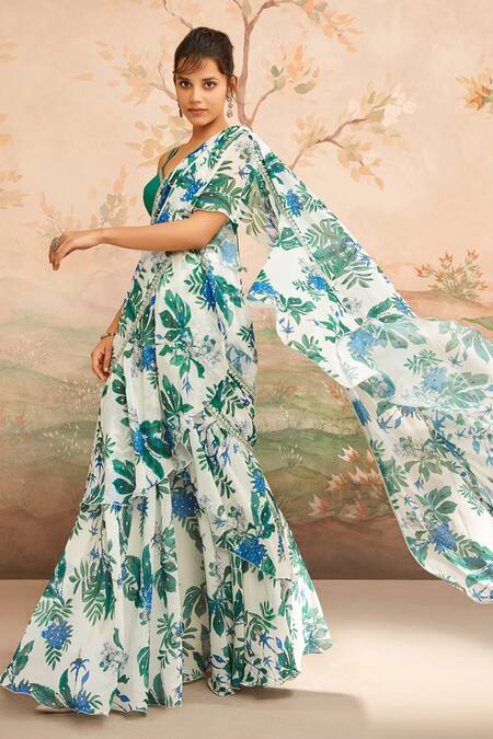 Lashkaraa White Georgette Embroidery, Zari Floral Printed Pre-draped Ruffle Saree Online at Aza Fashions Lashkaraa_White Georgette Embroidery, Zari Floral Printed Pre-draped Ruffle Saree_Online_at_Aza_Fashions