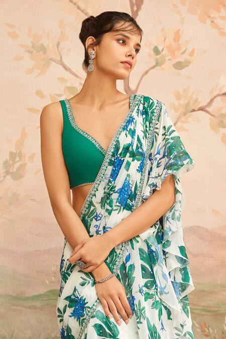 Buy Lashkaraa White Georgette Embroidery, Zari Floral Printed Pre-draped Ruffle Saree Online at Aza Fashions Buy_Lashkaraa_White Georgette Embroidery, Zari Floral Printed Pre-draped Ruffle Saree_Online_at_Aza_Fashions