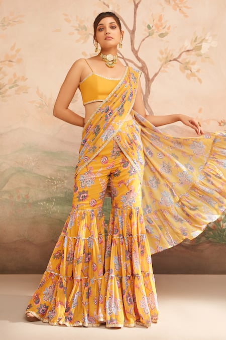 LASHKARAA Yellow Georgette Printed Floral Scoop Neck Pre-draped Pant Saree With Blouse