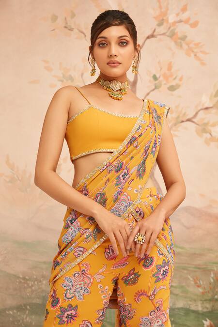 Buy_Lashkaraa_Yellow Georgette Stones, Embroidery Scoop Neck Floral Pre-draped Pant Saree_Online_at_Aza_Fashions
