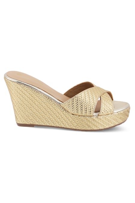 CRIMZON_Gold Aiyana Criss Cross Strap Wedges_Online_at_Aza_Fashions