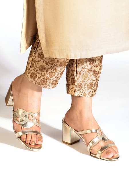 OCEEDEE Gold Cutwork Monir Metallic Strap Block Heels 