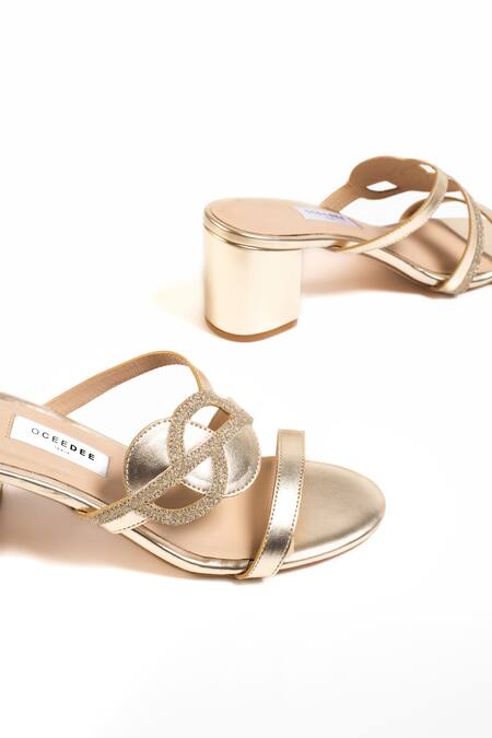 Shop_Oceedee_Gold Cutwork Monir Metallic Strap Block Heels_Online_at_Aza_Fashions