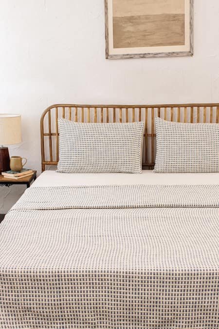 Shop_House This_Blue Cotton Woven Girnar Geometric Bedcover_at_Aza_Fashions