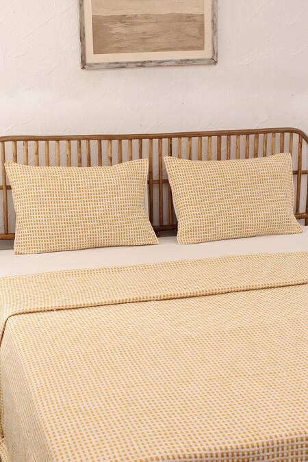 House This_Yellow Cotton Woven Girnar Checkered Bedcover_Online_at_Aza_Fashions
