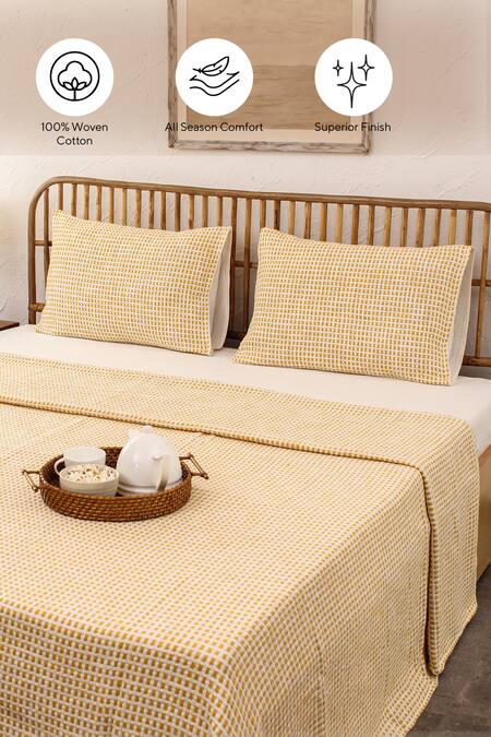 House This_Yellow Cotton Woven Girnar Checkered Bedcover_at_Aza_Fashions