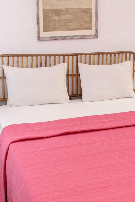 House This_Pink Cotton Satin Kaliveli Floral Quilted Bedcover_Online_at_Aza_Fashions