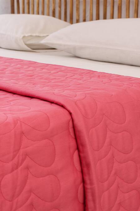 Buy_House This_Pink Cotton Satin Kaliveli Floral Quilted Bedcover_Online_at_Aza_Fashions