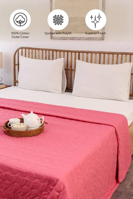 House This_Pink Cotton Satin Kaliveli Floral Quilted Bedcover_at_Aza_Fashions