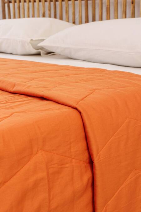 Buy_House This_Orange Cotton Satin Karanji Chevron Quilted Bedcover_Online_at_Aza_Fashions
