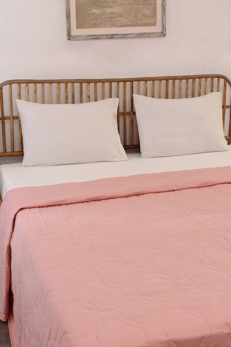 House This_Pink Cotton Satin Silsako Geometric Quilted Bedcover_Online_at_Aza_Fashions