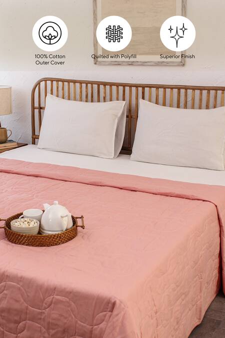 House This_Pink Cotton Satin Silsako Geometric Quilted Bedcover_at_Aza_Fashions