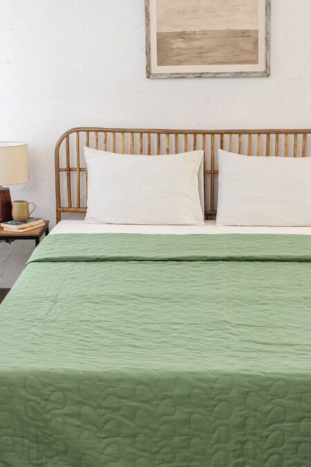 Shop_House This_Green Cotton Satin Satsar Abstract Quilted Bedcover_at_Aza_Fashions