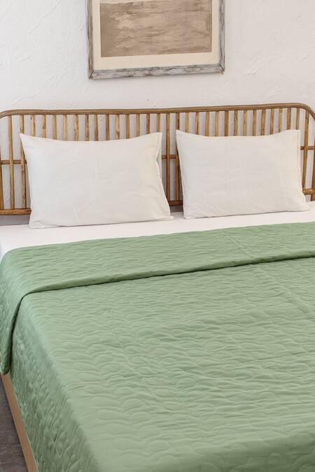 House This_Green Cotton Satin Satsar Abstract Quilted Bedcover_Online_at_Aza_Fashions