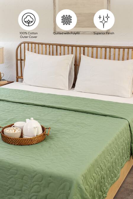 House This_Green Cotton Satin Satsar Abstract Quilted Bedcover_at_Aza_Fashions