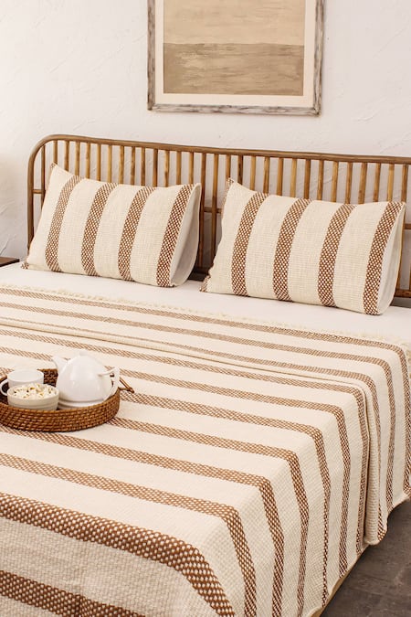 House This Brown Cotton Woven Shivalik Stripe Bedcover 