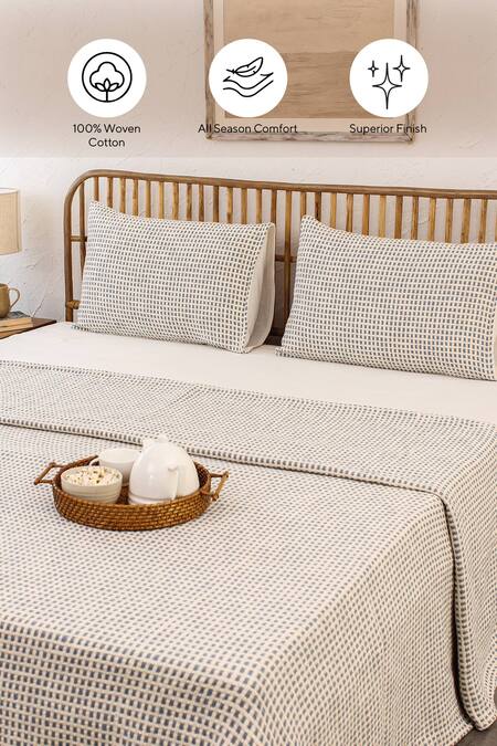 Shop House This Blue Cotton Woven Girnar Bedcover Set Shop_House This_Blue Cotton Woven Girnar Bedcover Set