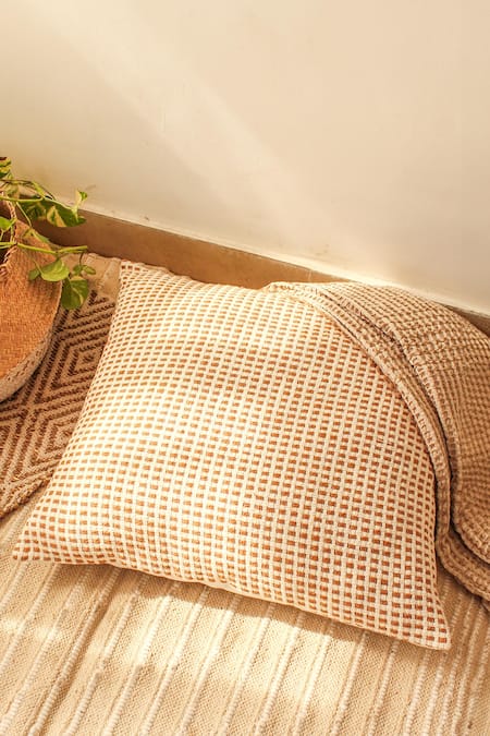 House This Brown Cotton Girnar Checkered Woven Cushion Cover