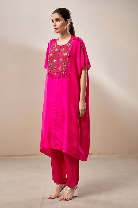 Buy Aditi Somani Pink Silk, Satin, Linen Mirrors, Beads, Cut Yoke Embroidered Kaftan And Pant Set Online at Aza Fashions Buy_Aditi Somani_Pink Silk, Satin, Linen Mirrors, Beads, Cut Yoke Embroidered Kaftan And Pant Set _Online_at_Aza_Fashions