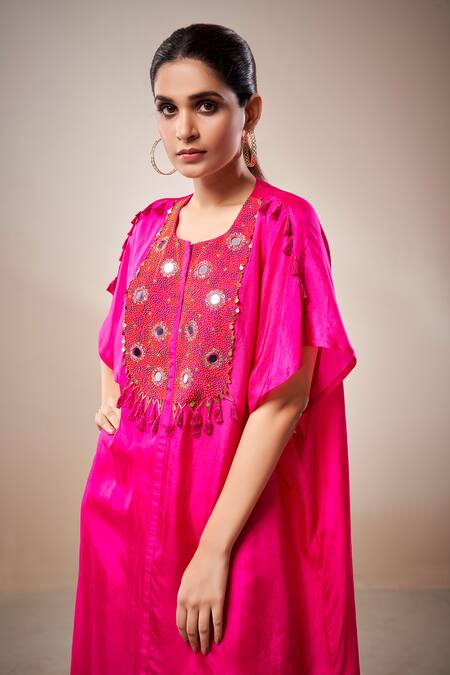 Shop Aditi Somani Pink Silk, Satin, Linen Mirrors, Beads, Cut Yoke Embroidered Kaftan And Pant Set Online at Aza Fashions Shop_Aditi Somani_Pink Silk, Satin, Linen Mirrors, Beads, Cut Yoke Embroidered Kaftan And Pant Set _Online_at_Aza_Fashions