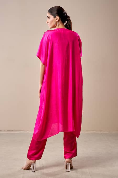 Shop Aditi Somani Pink Silk, Satin, Linen Mirrors, Beads, Cut Yoke Embroidered Kaftan And Pant Set at Aza Fashions Shop_Aditi Somani_Pink Silk, Satin, Linen Mirrors, Beads, Cut Yoke Embroidered Kaftan And Pant Set _at_Aza_Fashions