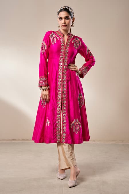 Aditi Somani Pink Cotton Silk Embroidery Thread Mandarin Collar Jacket Anarkali And Pant Set