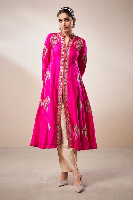 Aditi Somani_Pink Cotton, Silk, Linen Embroidery Mandarin Thread Jacket Anarkali And Pant Set _Online_at_Aza_Fashions